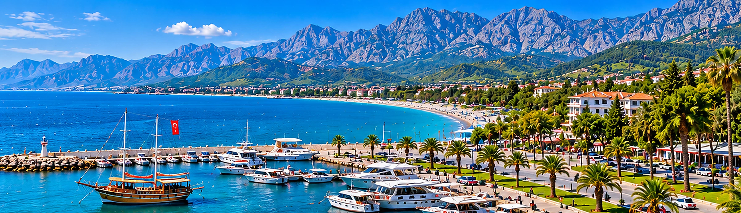 Antalya Kemer sahili, marina ve Toroslar manzarası